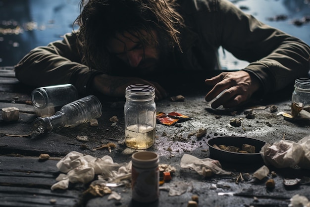 Foto il tossicodipendente giace in un mucchio di droghe.