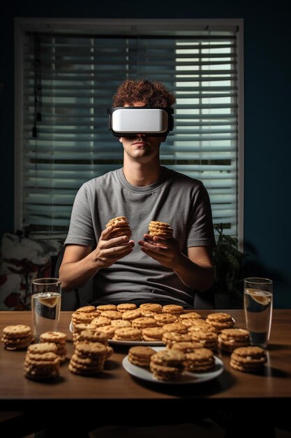 写真 vrまたは仮想現実に依存した若い男性が家に座ってメタバースでスナックを食べています