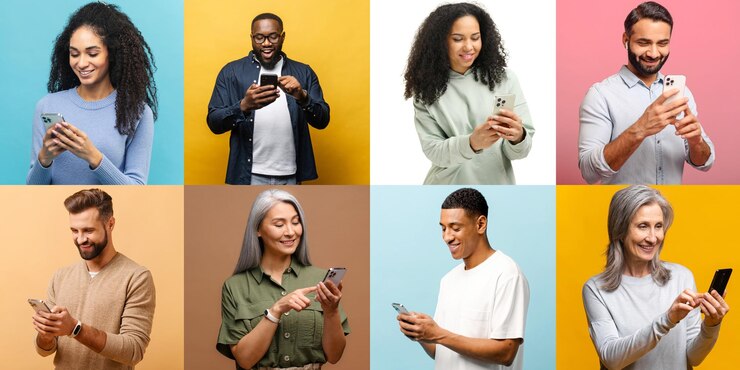 Photo addiction to gadgets collage of multigenerations diverse people using smartphones