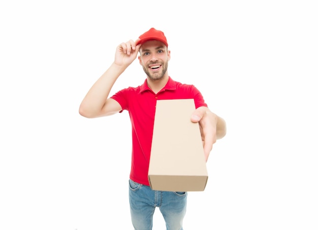 Adding speed to your delivery Delivery man isolated on white Happy courier guy hold parcel box Shipping and courier delivery service Delivery matters