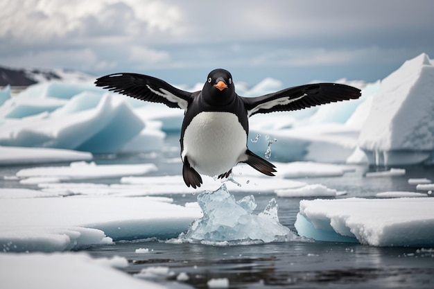 Пингвин Адели прыгает между двумя ледяными плитами