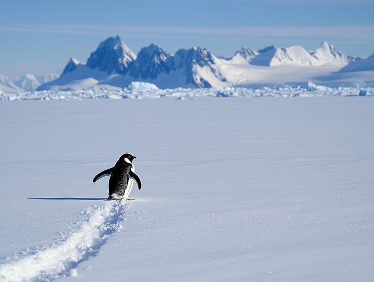 Photo an adelie penguin sliding on its belly across a sheet of ice photo with a trail left behind in the