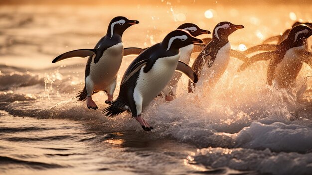 Adelie penguins jump into the ocean from an iceberg generative ai