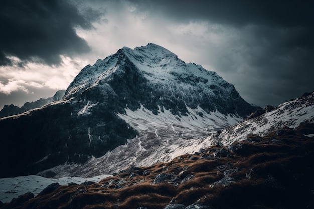 Adembenemend beeld van de besneeuwde bergtop onder sombere omstandigheden