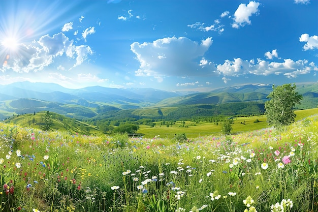 Adembenemend berglandschap met bloeiende weiden onder blauwe lucht