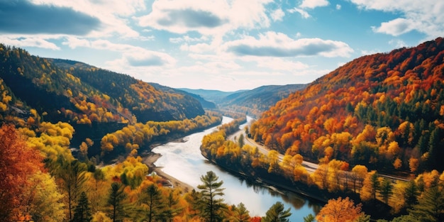 adembenemend herfstlandschap met glooiende heuvels en bossen in vuur en vlam met herfstkleuren