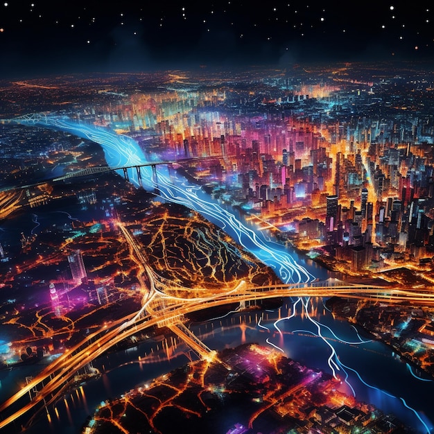 Adembenemend satellietbeeld van een verlicht stadsgezicht bij nacht