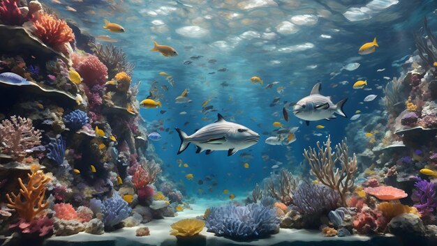 Adembenemende kunstwerken die de kijker onderdompelen in de betoverende schoonheid van onderwaterwerelden Maritieme achtergrond Onderwater behang Zwemmen onderwater achtergrond AI Generative
