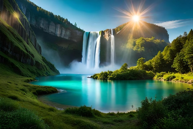 Adembenemende natuur watervallen groen bos zonsopgang hemel rustig water Generatieve AI