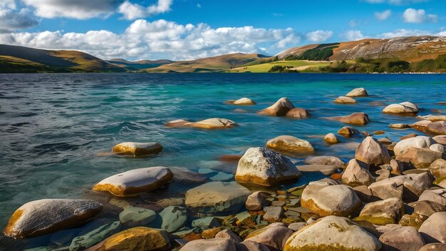 Adembenemende opnames van prachtige stenen onder turquoise water van een meer en heuvels op de achtergrond