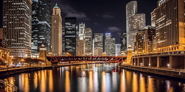 Adembenemende skyline van Chicago 's nachts versierd met glinsterende lichten een bruisende stad vol leven Generative ai