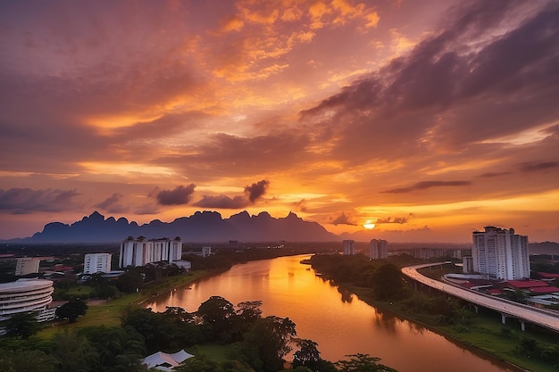 Adembenemende zonsondergang in Kuching Maleisische Borneo