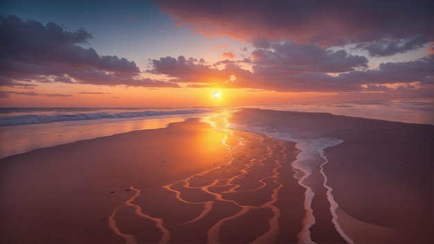 Adembenemende zonsondergang op een leeg zandstrand