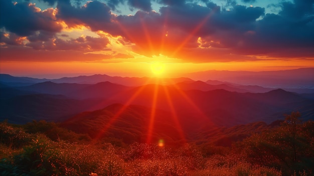 Foto adembenemende zonsondergang over bergketen met levendige lucht