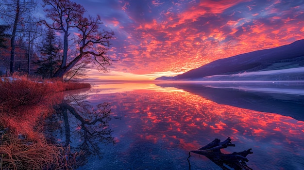 Adembenemende zonsondergang over het serene meer met levendige kleuren en reflecties op water omringd door