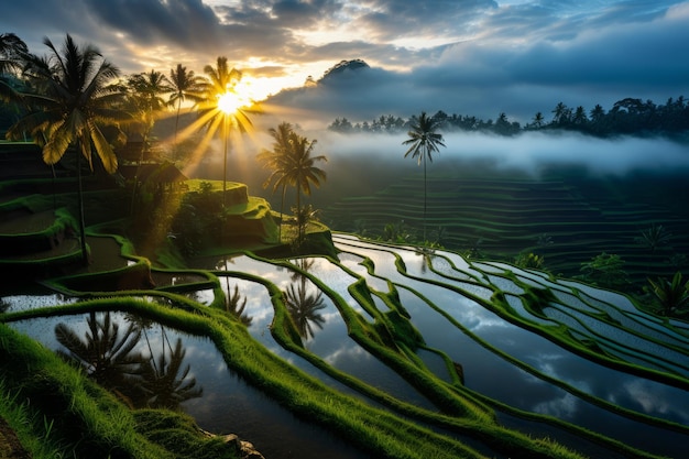 Adembenemende zonsopgang boven Balis Rice Generative AI