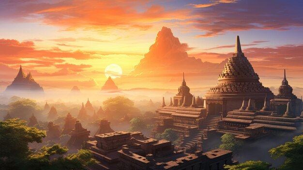 adembenemende zonsopgang over de iconische Borobudur tempel