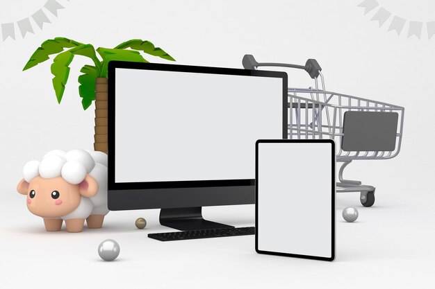 Adha Shopping Trolley and Smart Devices Right Side In White Background