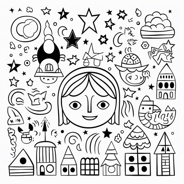 Premium Photo | Adhesive doodle cute flat coloring book kawaii line art