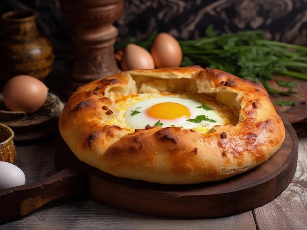 Adjarian Khachapuri is an open pie of Georgian cuisine with mozzarella and eggs