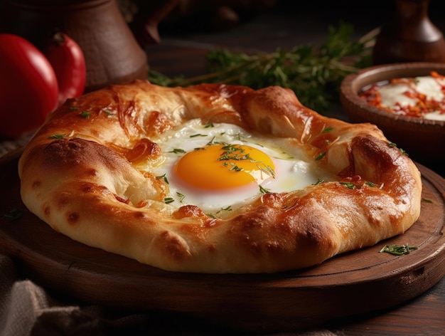 Adjarian Khachapuri is an open pie of Georgian cuisine with mozzarella and eggs