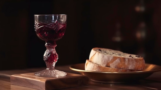 木のテーブルとスタンドにワインとソースを添えたアジャリアのヒンカリとハチャプリが AI を生成