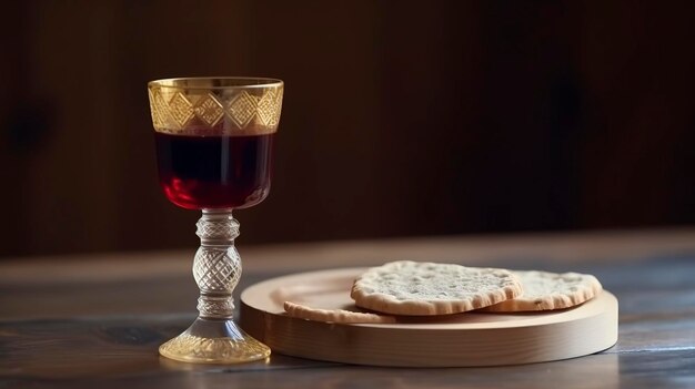 Foto adjarian khinkali e khachapuri con vino e salsa su un tavolo di legno e stand generano ai