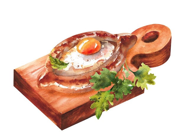 Adjarian watercolor khachapuri. Boat-shaped khachapuri with egg, cheese and herbs on a wooden cuttin