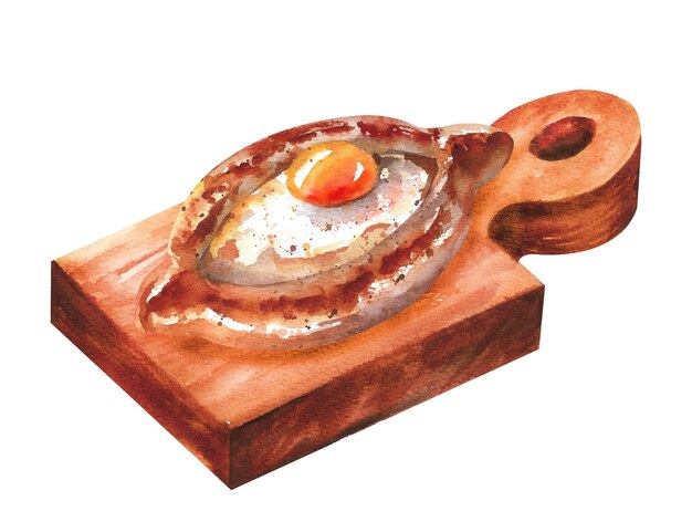 Adjarian watercolor khachapuri Boatshaped khachapuri with egg and cheese on a wooden cutting board