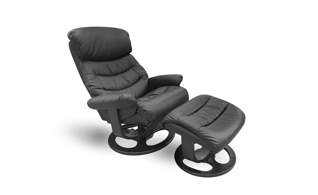 Adjustable black leather chair with footrest isolated on white