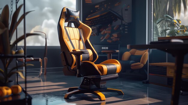 Adjustable black and yellow color computer gaming chair with footrest in studio Furniture for computer gamers front view gaming chair with leg rest