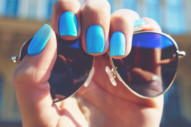 Adjusting sunglasses with bright sunreflective blue nails