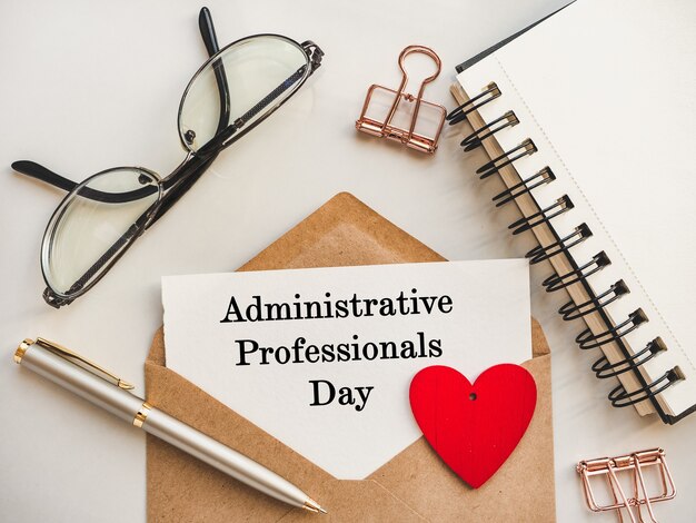 Admin Day Greeting Card. Close-up, view from above, wooden surface.