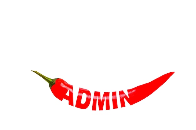 Фото Админ слово написано красным перцем чили на белом изолированном фоне