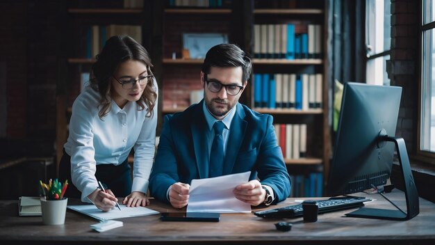 Administrator business man financial inspector and secretary making report calculating balance