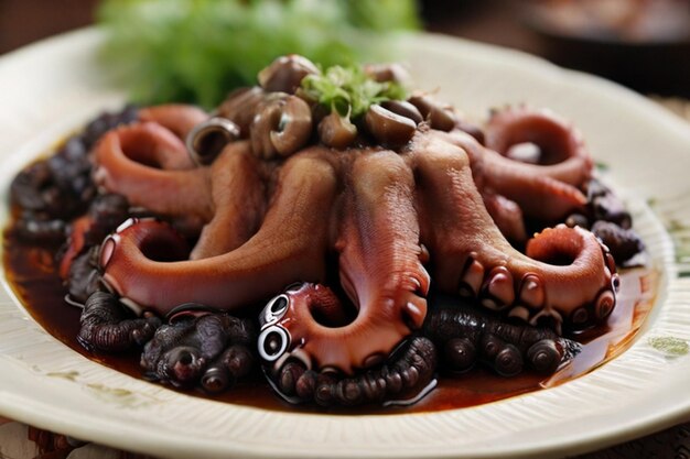 Foto adobong pugita octopus gekookt met azijn en specerijen closeup