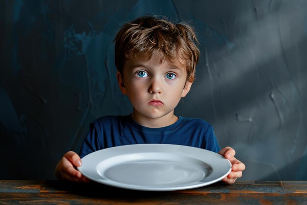 Photo adolescent boy standing in front of an empty dish generative ai