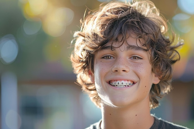 アイ・ジェネレーティブの広い笑顔を浮かべる 歯列維をかぶった十代の少年