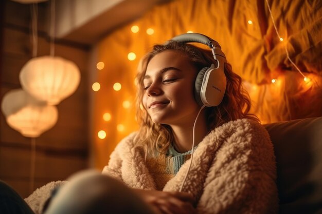 Foto adolescent meisje luistert naar muziek met een leuke koptelefoon in zijn kamer thuis generatieve ai
