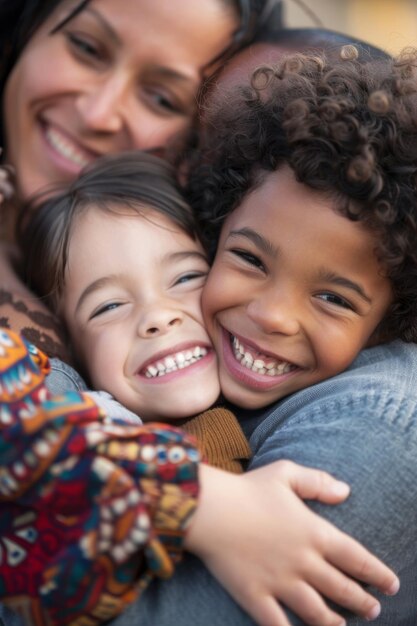 An adoptive family of different ethnicities sharing a hug portraying the love and diversity in modern families