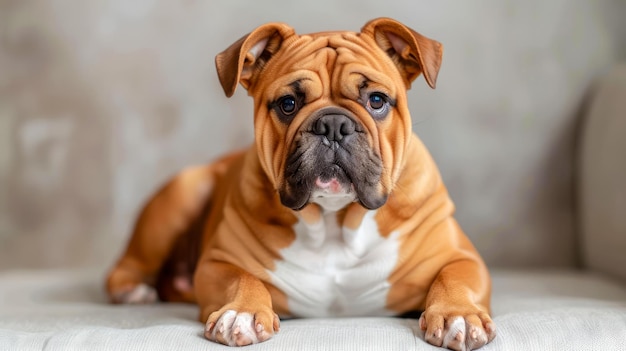 Adorabele bruine bulldoghondje ligt op een zachte grijze achtergrond en ziet er schattig uit