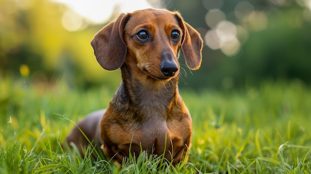 Adorabele Dachshund hond zit op groen gras tijdens zonsondergang met zachte focus achtergrond