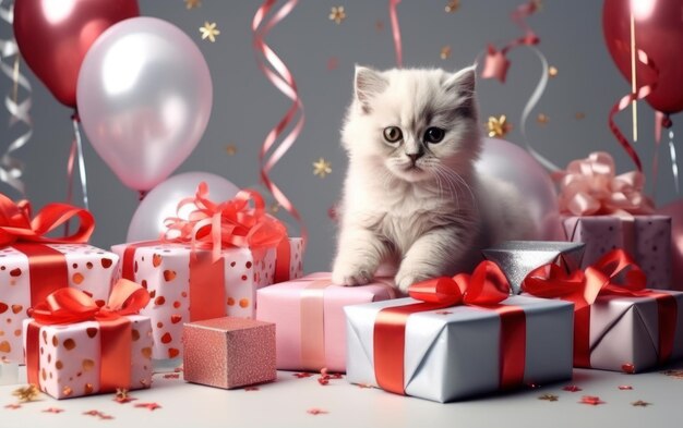 Adorabele kat met geschenkkistjes Leuke kat met ballon Nieuwjaarsfeest Ai Generative