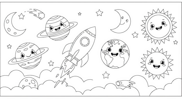 Adorabele ruimte kleurpagina's Planeten Raketten sterren en zonnen