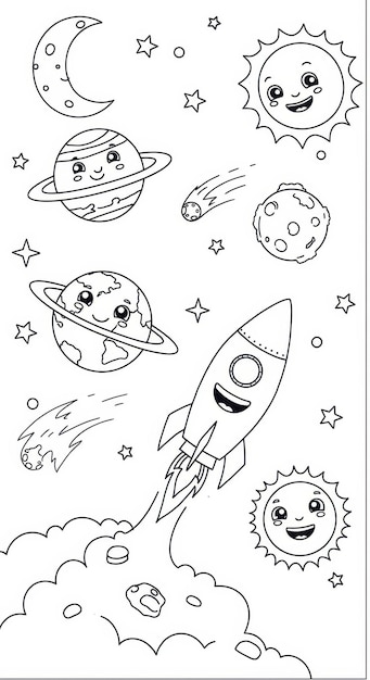 Adorabele ruimte raket avontuur kleurpagina planeten sterren en een gelukkig raket schip lanceren in de kosmos