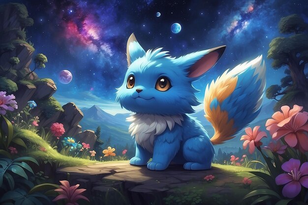 Adorabele schilderij dier harige inspiratie van pokemon met de galaxy omgeving