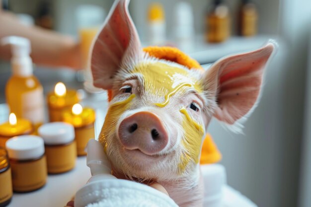 Foto adorabele spa varken schattig en verwend varken genieten van ontspannende spa behandelingen een charmante en heerlijke scène van dieren welzijn en genot perfect voor het tonen van ontspanning en schattigheid