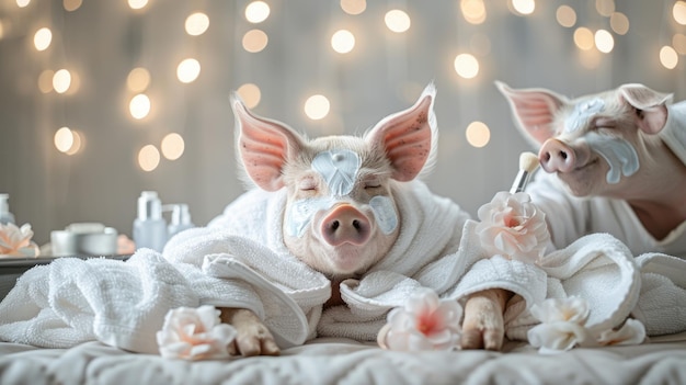 Adorabele spa varken schattig en verwend varken genieten van ontspannende spa behandelingen een charmante en heerlijke scène van dieren welzijn en genot perfect voor het tonen van ontspanning en schattigheid