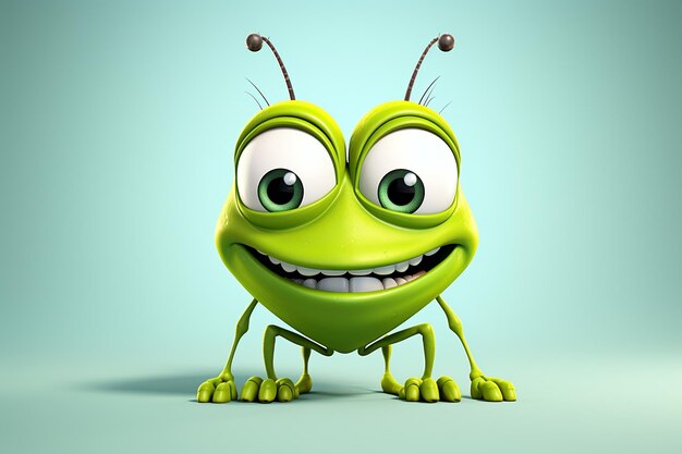 Adorable 3D Cartoon Grasshopper Character in Green