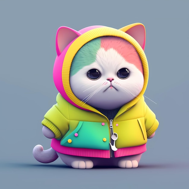 愛らしい 3D の猫のキャラクターは、キュートで面白いカラフルな服を着ています。